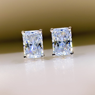 S925银 高碳钻白钻主钻1克拉仿真钻石长方形钻耳钉女
