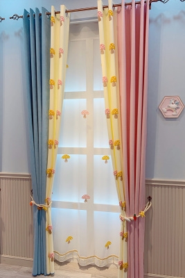 北欧丹麦g设计儿童窗帘男孩房蓝色女孩粉色蘑菇半遮光成品飘窗短