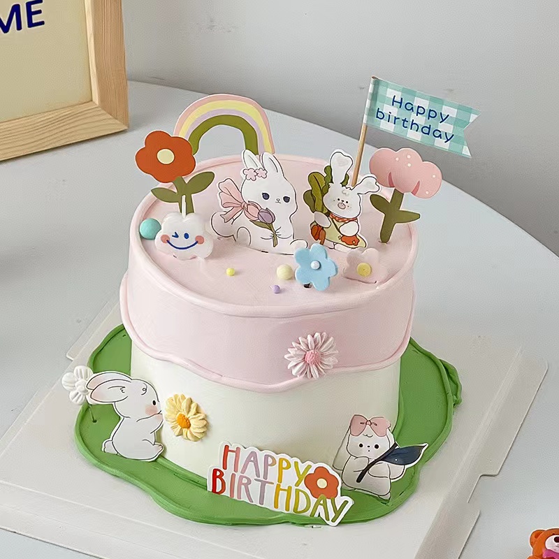儿童生日蛋糕装饰可爱卡通小兔子插牌韩式happy birthday烘焙插件