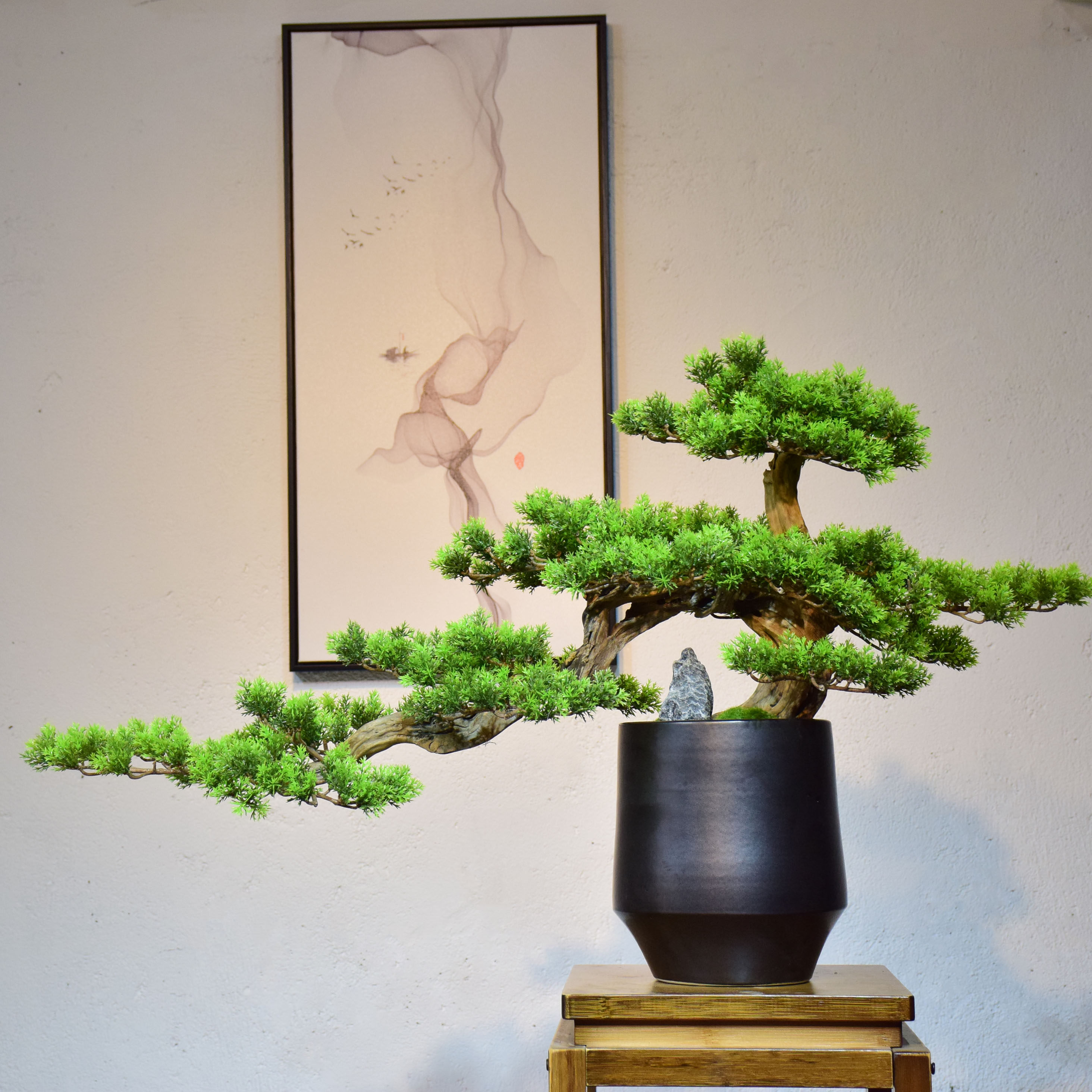 新中式中式仿真迎客松盆景植物招财禅意客厅玄关盆栽桌面装饰品装饰摆