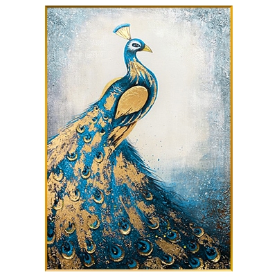 纯手g绘孔雀画装饰壁画玄关客厅过道走廊尽头吉祥如意挂画竖版轻