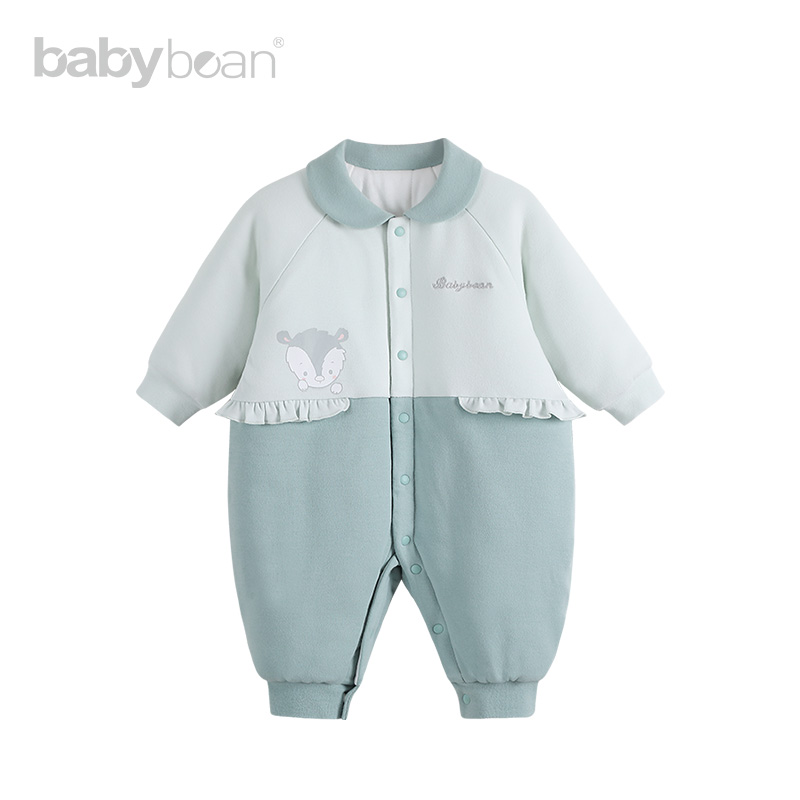 babybean亲豆冬装新款婴幼儿爬服小松鼠绣花夹棉初生儿全开哈衣