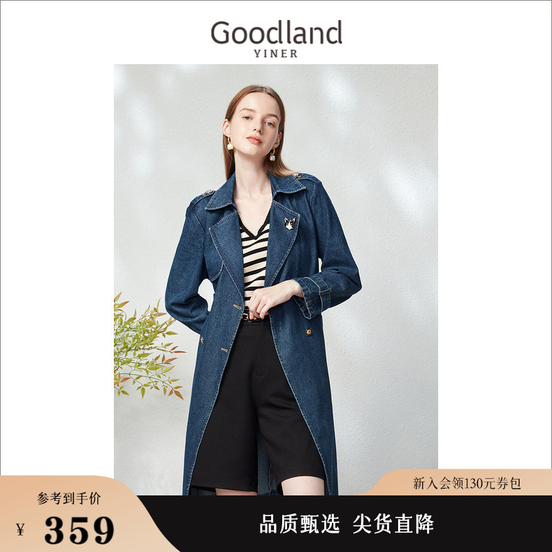 【赫本猫联名】Goodland美地女装春季双排扣翻领牛仔风衣