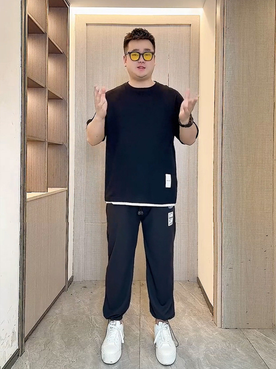 微胖男生显瘦穿搭夏季假两件短袖t恤宽松半袖体恤学生潮牌大码ins