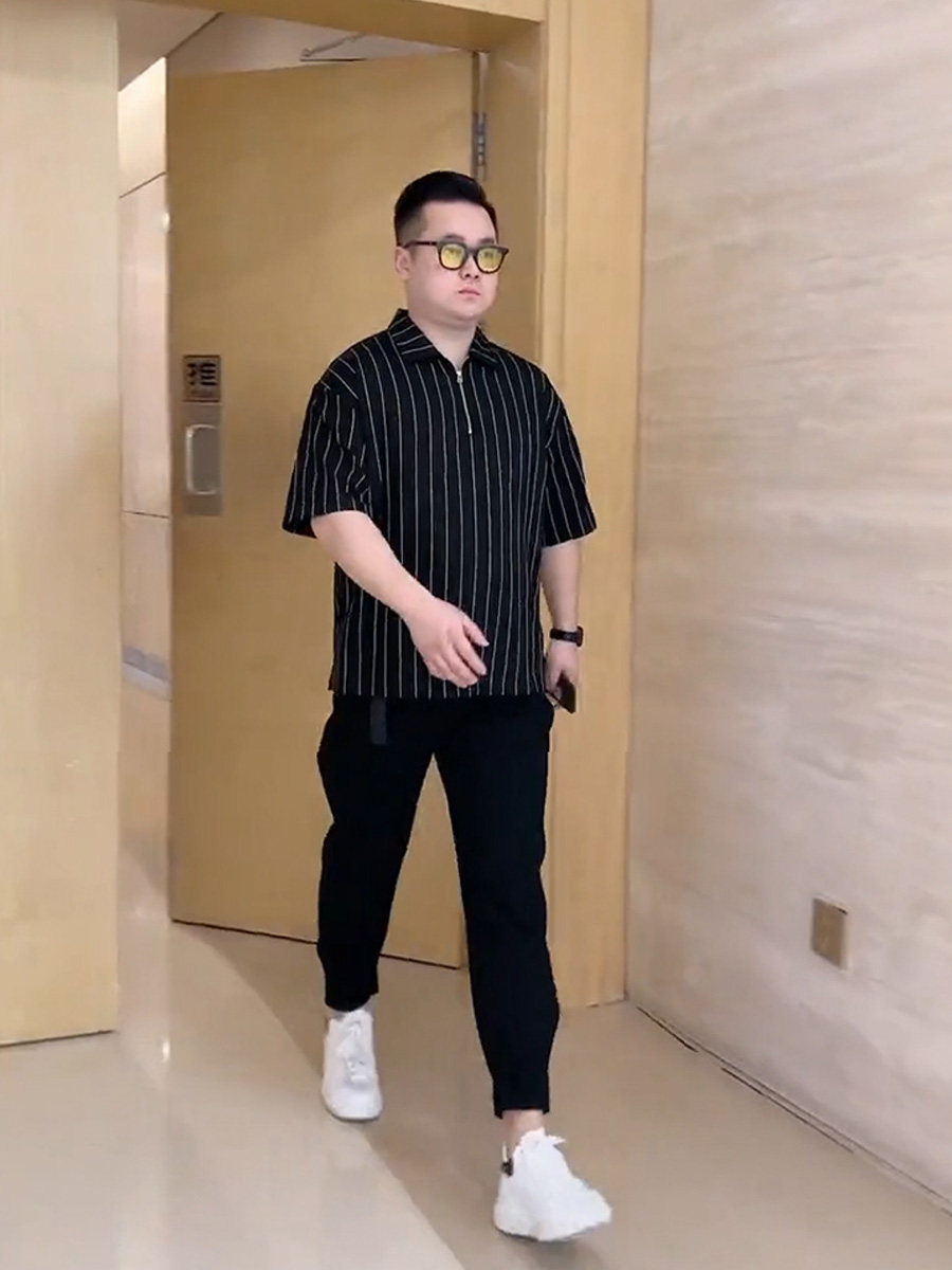 微胖男生夏季显瘦穿搭短袖t恤男条纹半袖体恤大码学生搭配简约ins