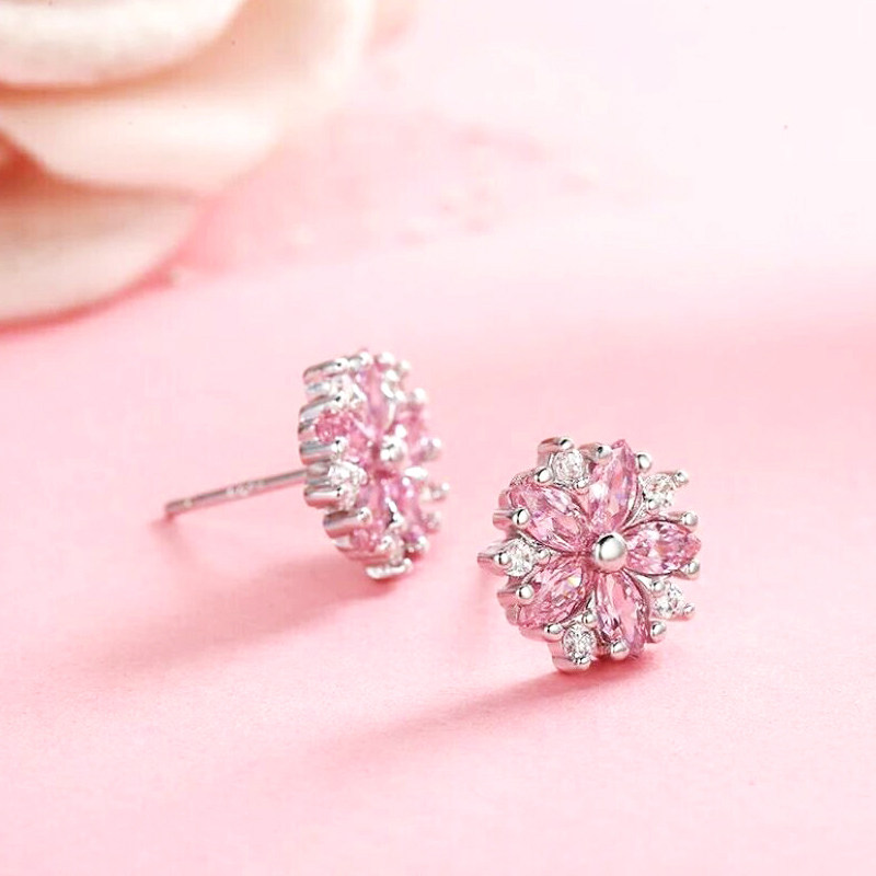 18k白金美国进口d色莫桑石群镶满钻樱花耳钉纯银粉钻气质百搭耳饰