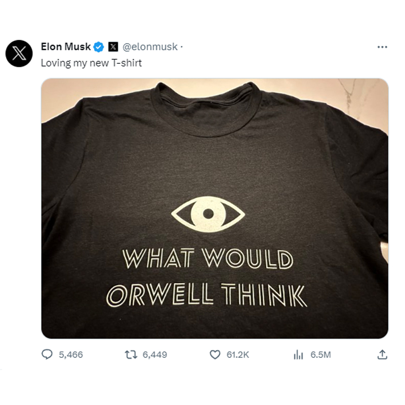 定制 Elon Musk马斯克同款What Would Orwell Think衣服短袖t恤棉