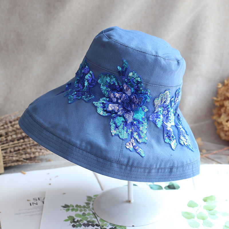 遮阳棉麻布帽大檐渔夫帽重工亮片立体刺绣花朵防晒蓝色太阳帽—帽子