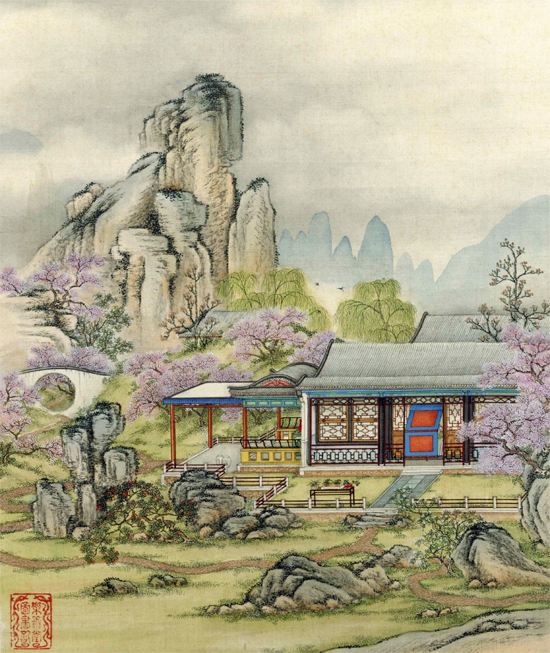 清陈枚山水楼阁图册二29x34仿古画复制山水画名人字画名家书画