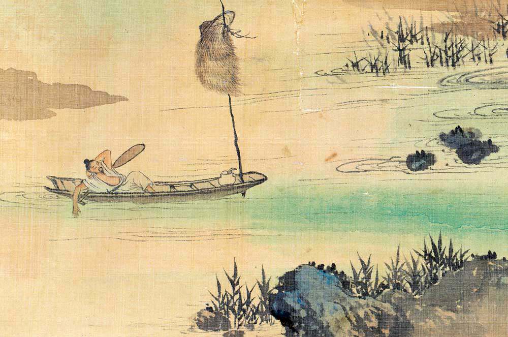 仿古画复制 黄君璧 泛舟幽逸图 35x85 画心 山水画 文人写意青绿