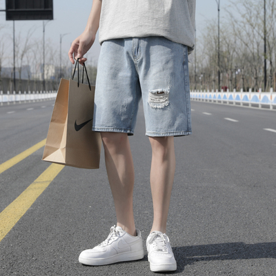 i实拍牛仔短裤男夏季破洞薄款宽松休闲直筒潮流五分中裤子y501