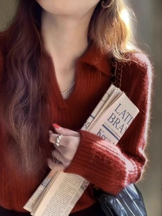 法式polo领针织上衣打底衫女秋冬季高级感设计感小众红色毛衣内搭
