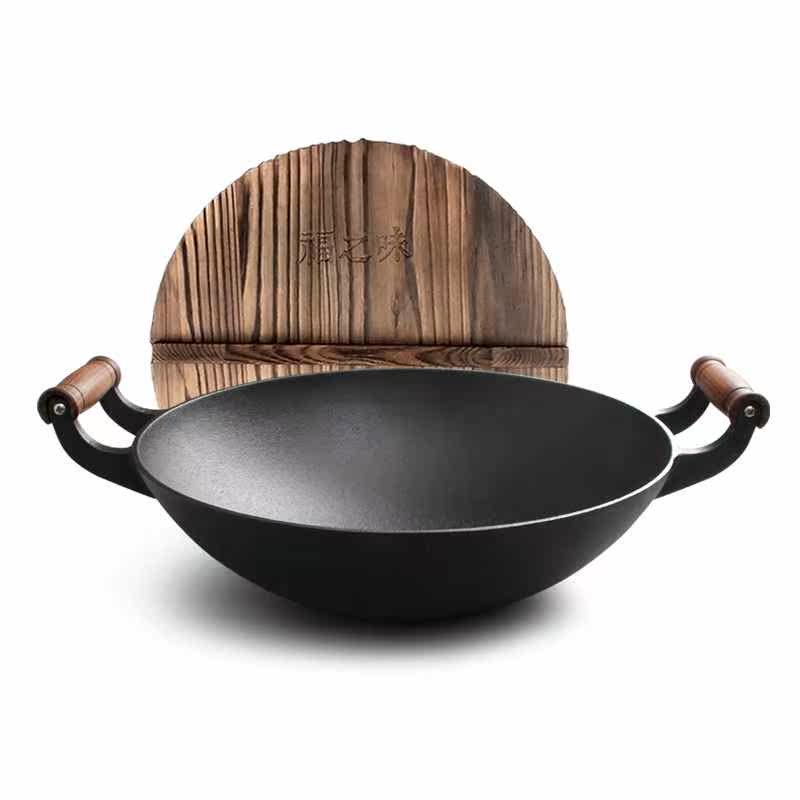 福之味 铸铁锅炒锅铁锅老式加厚36cm无涂层家用生铁锅双耳炒菜锅_不