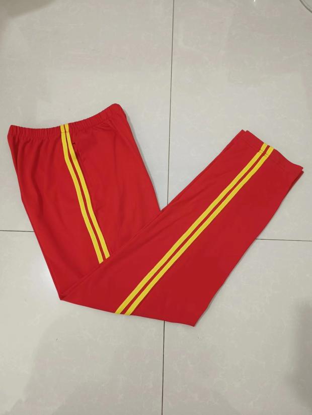 订做南昌二中学生纯棉校服长裤大红色二根黄色条休闲运动中性款裤