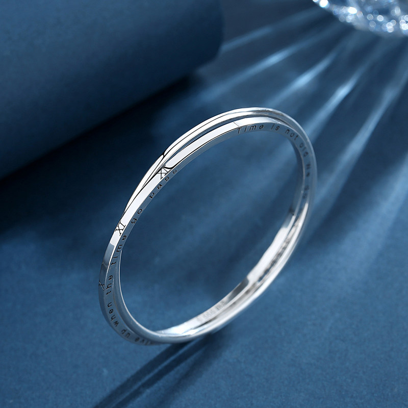 银手镯女9999纯银年轻款时尚罗马双环ins小众设计个性银手环镯子