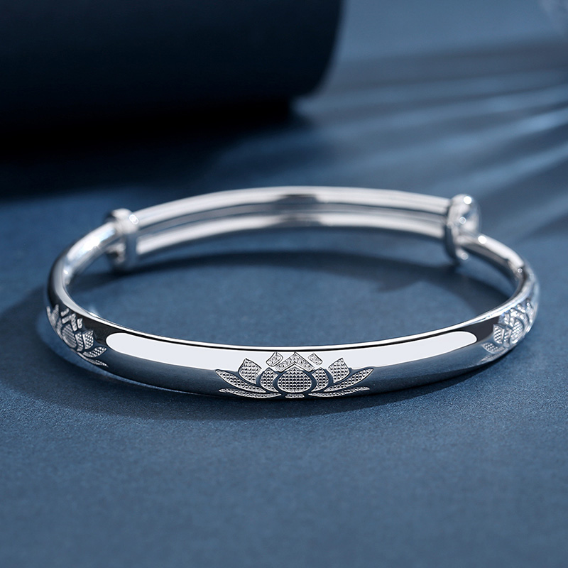 银手镯女纯银正品实心镯子花丝推拉可调节足银9999时尚七夕送女友