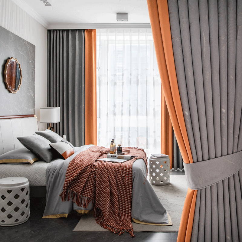 灰色橙色拼接新中式轻奢仿真丝提花遮光客厅成品定制高温定型窗帘