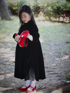 女童秋冬连衣裙红色本命年裙子黑色泡泡袖亲子装中大童丝绒生日裙
