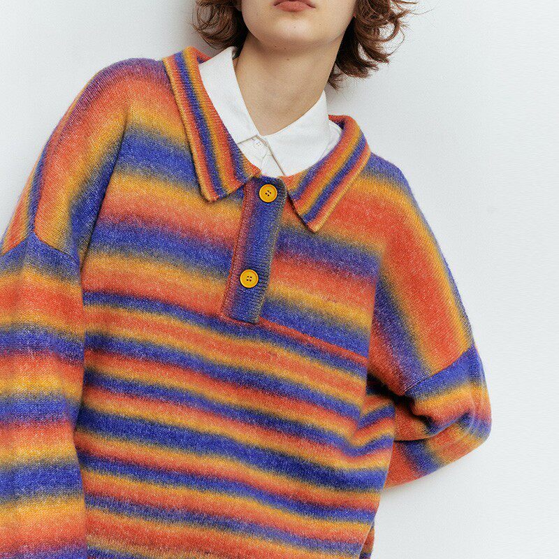 howl彩虹毛衣polo领条纹针织衫套头秋季羊绒上衣女宽松版厚实柔软