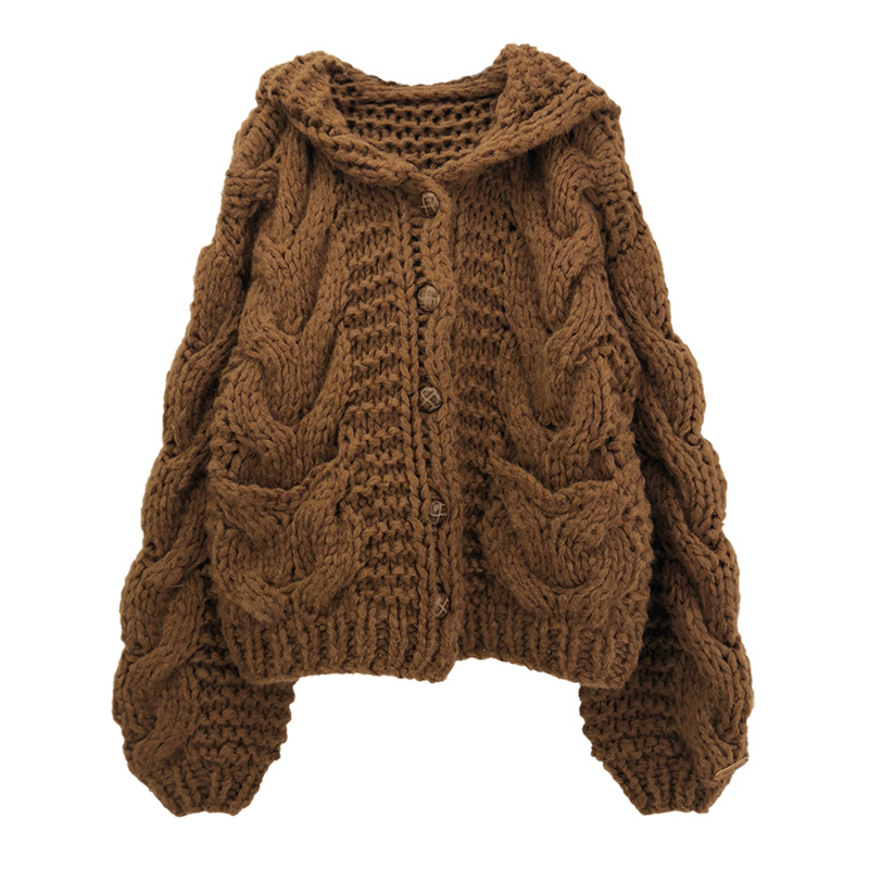 麻花日系复古粗棒针粗线连帽宽松短款口袋螺纹针织开衫毛衣外套女