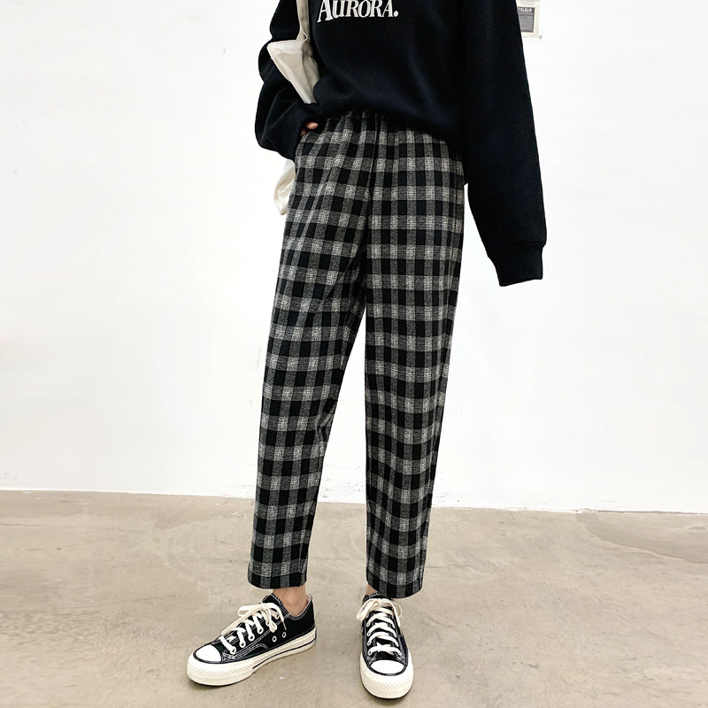 秋冬格子裤女宽松直筒胖mm黑白格大码高腰显瘦毛呢九分哈伦萝卜裤