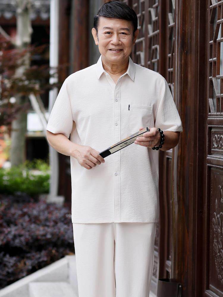 中老年夏装短袖男爸爸唐装短袖老年人男士衬衫爷爷休闲套装60岁70