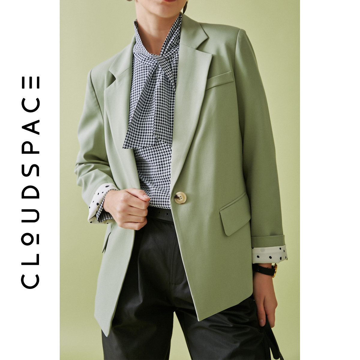 云上生活2020春装新款浅绿色修身显瘦西装短外套女韩版宽松w6236