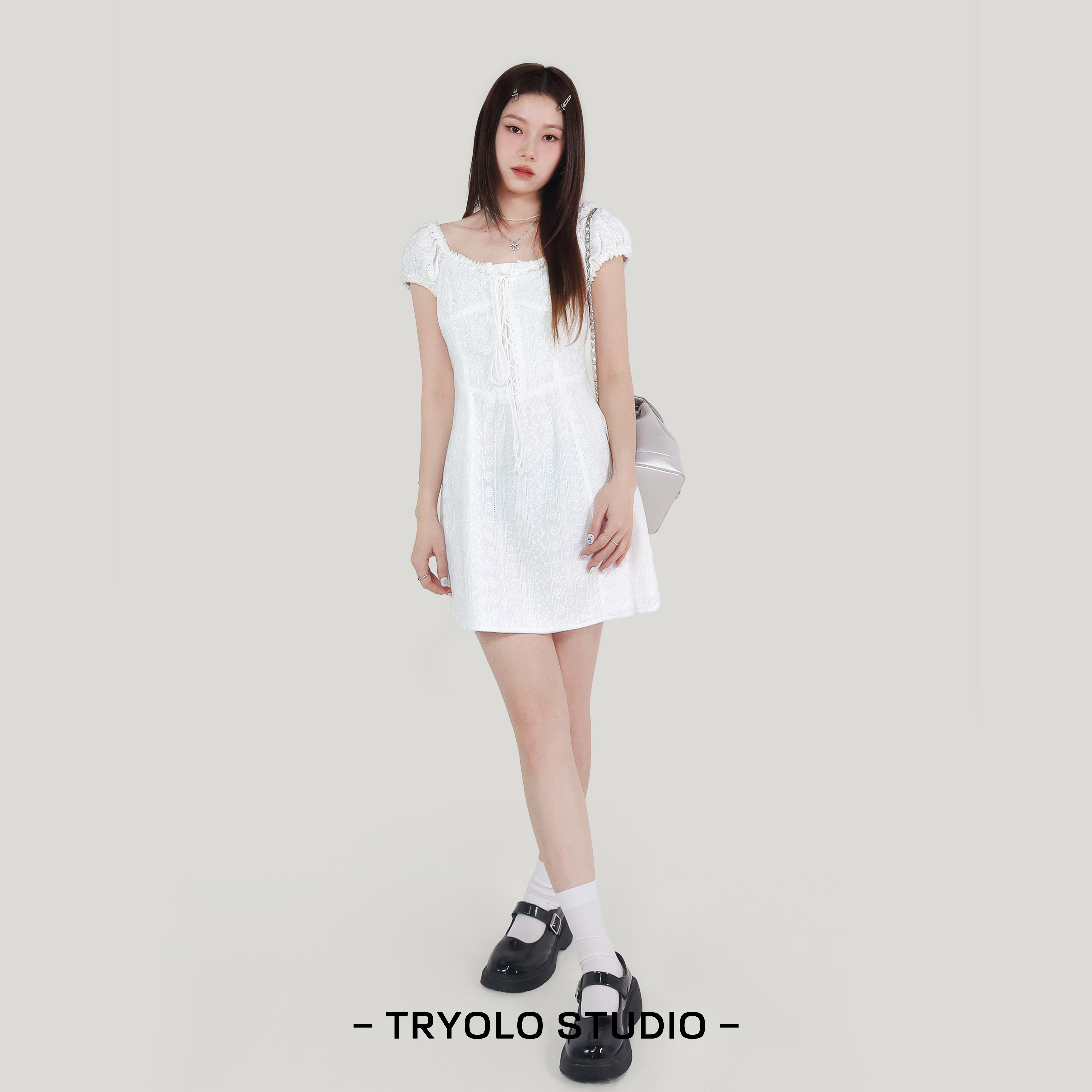 【夏季甜妹降临】TRYOLO自制法式少女白色连衣裙 方领系带收腰裙