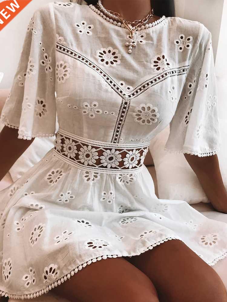 Aproms Elegant White Floral Embroidery Cotton Dress Women Ca