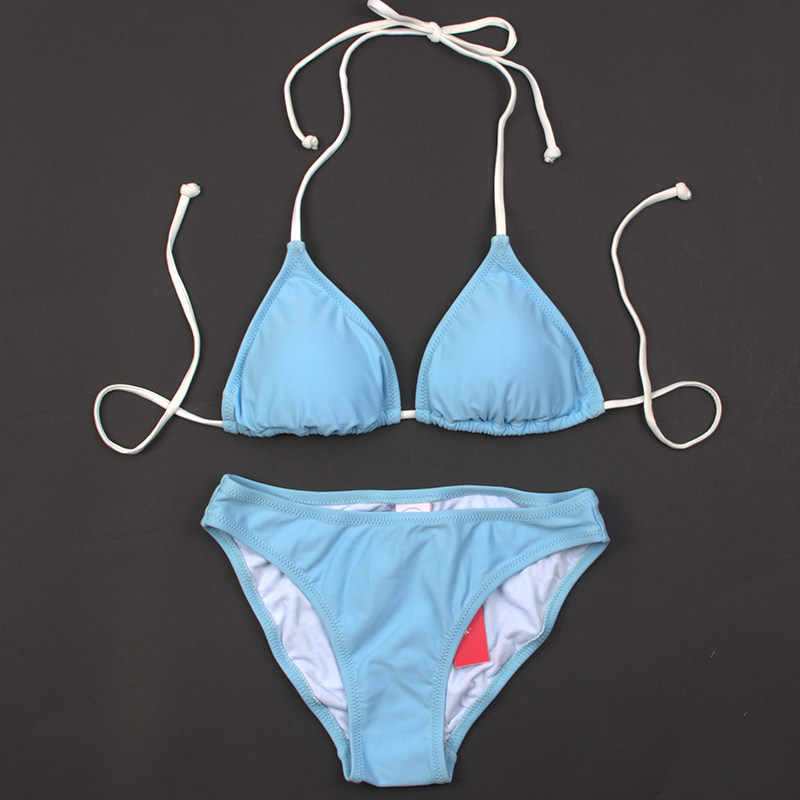 miami beach bikini天蓝纯色简约女生性感比基尼套装泳衣女带胸垫