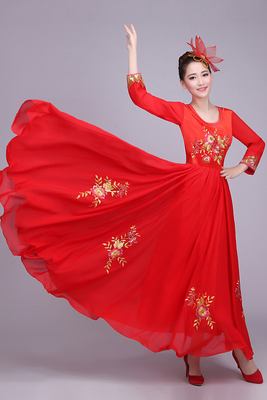 高档舞蹈大摆裙连衣长裙表演出服舞台广场舞开场舞红色舞蹈合唱服