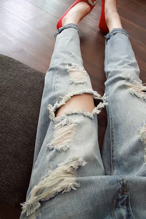 香港潮牌乞丐水洗磨白宽松bf牛仔裤女九分膝盖大破洞垮裤小脚裤子