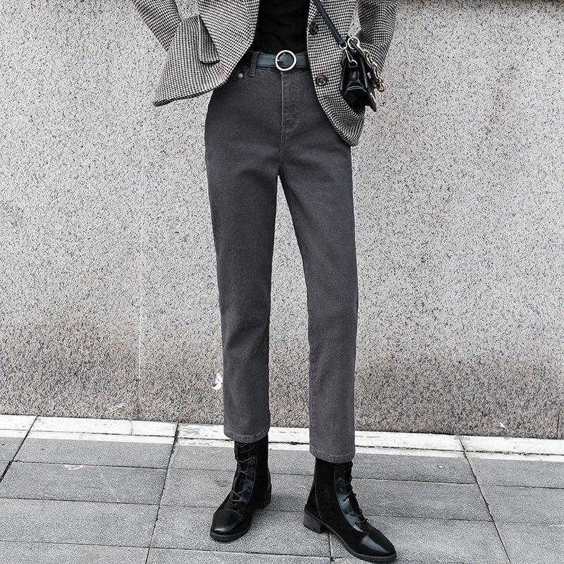 灰色高腰加绒牛仔裤女直筒冬季新款宽松显瘦chic显高九分阔腿外穿