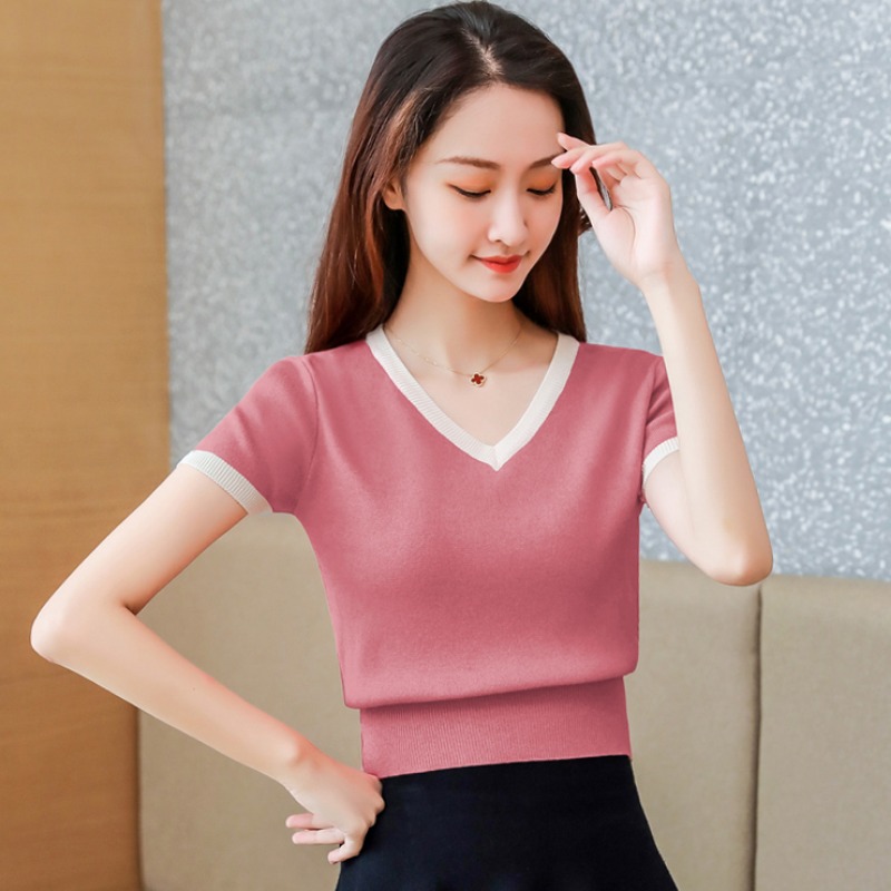 短袖t恤女打底衫2020新款冰丝针织衫镂空薄款短款百搭上衣夏季潮