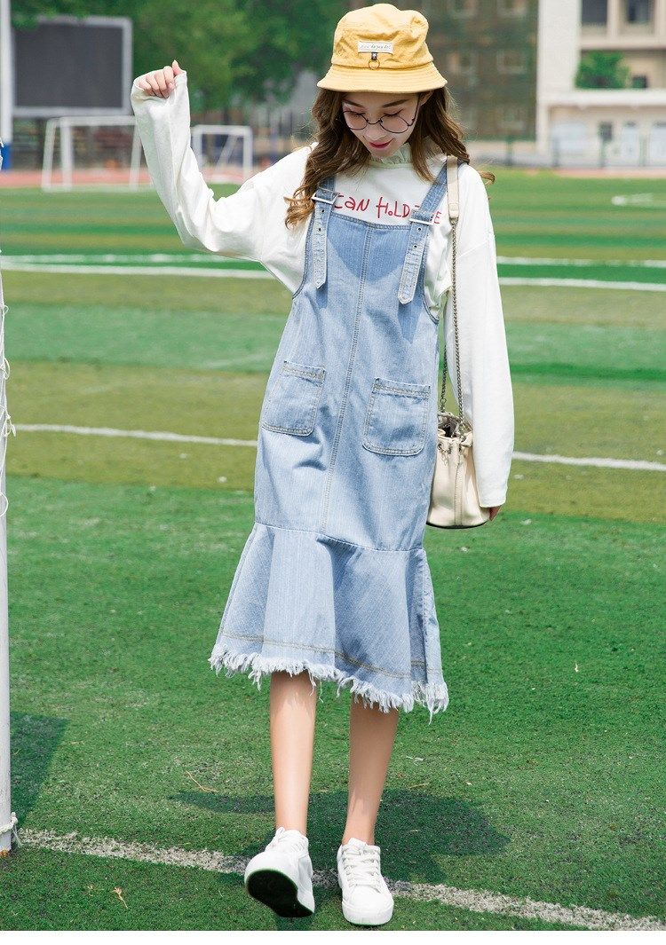 吊带牛仔裙 中长款 修身 包臀