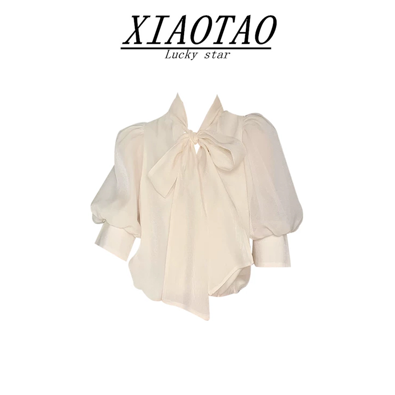 XIAOTAO 法式宫廷风泡泡袖衬衫女系带蝴蝶结宽松显瘦气质雪纺上衣