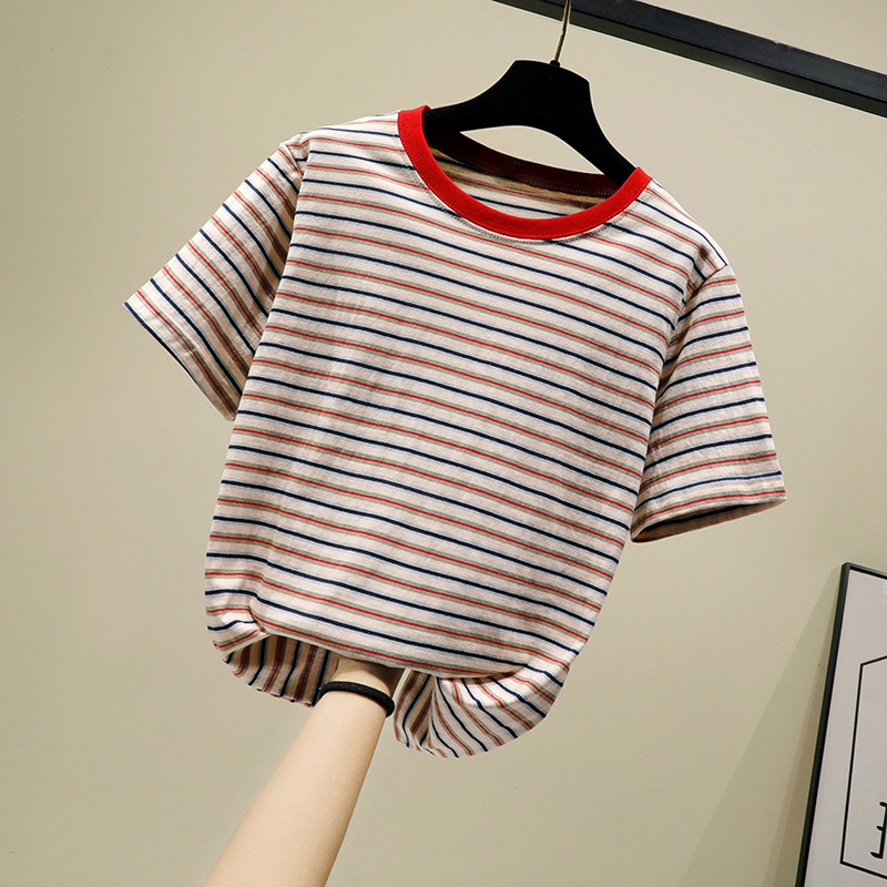 彩色条纹t恤女纯棉超火cec短袖宽松2019夏季新款百搭学生体恤上衣