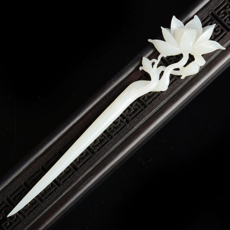 天然玉石兰花 玉发簪 花蕾簪子 岫玉发梳汉服配饰头饰 古典簪子