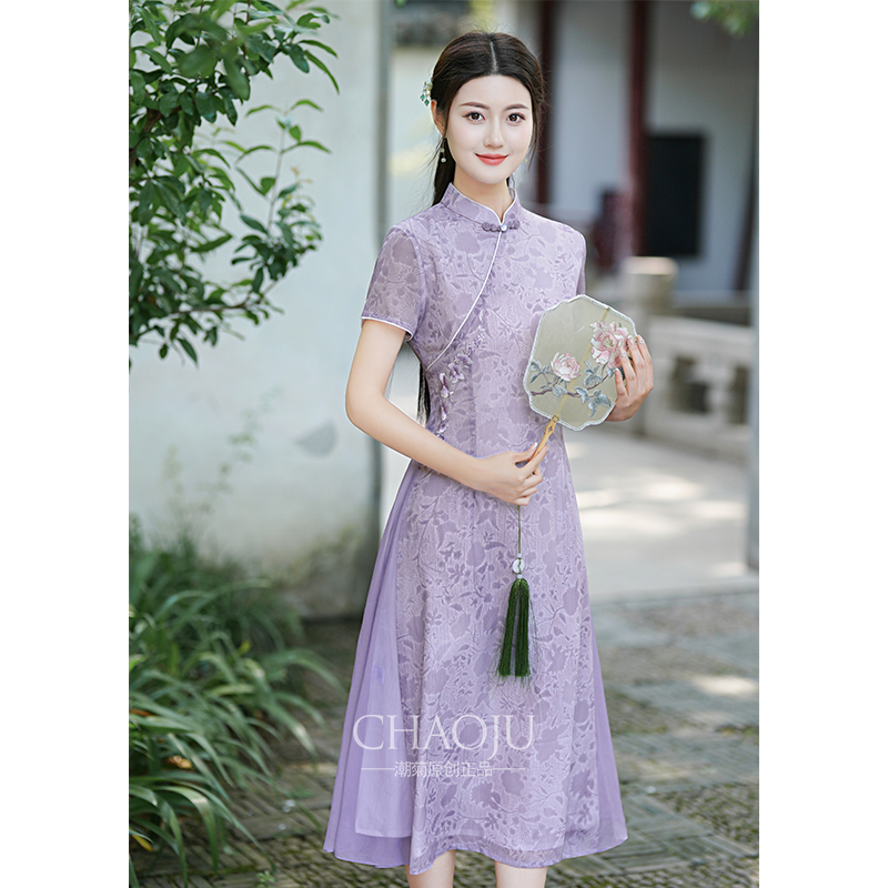新中式旗袍日常可穿紫色奥黛国风连衣