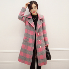 2016冬装新款女装韩版彩色格子长袖毛呢大衣外套中长款毛呢外套女