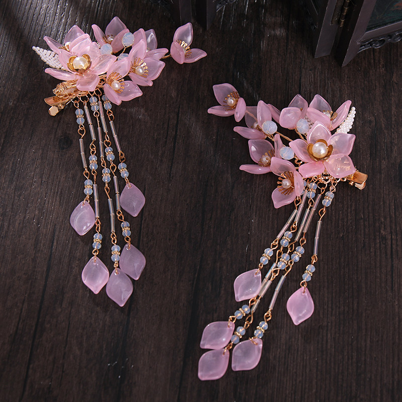 古风发夹粉色花朵流苏汉服对夹头饰古装配饰舞台演出表演日常发饰