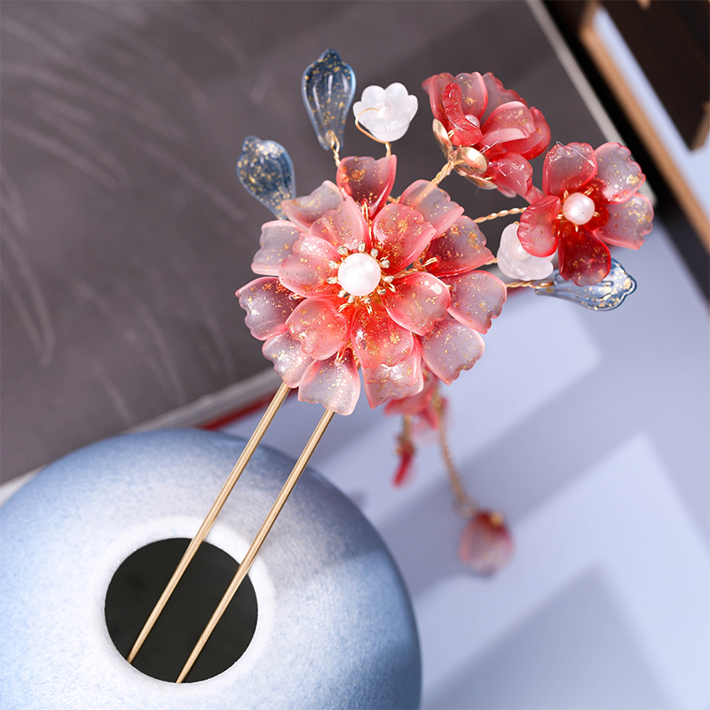 新款古风发簪繁花珍珠汉服步摇热缩花流苏u型古装宫延盘发钗头饰