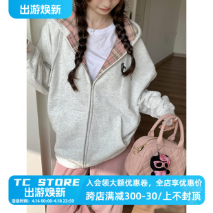 TC STORE TAKECHANCES秋冬bm撞色格纹拉链帽衫加绒连帽开衫卫衣女