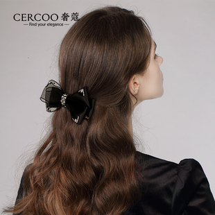 cercoo/奢蔻蝴蝶结梦境花系列黑色发夹弹簧夹一字夹布艺马尾夹子