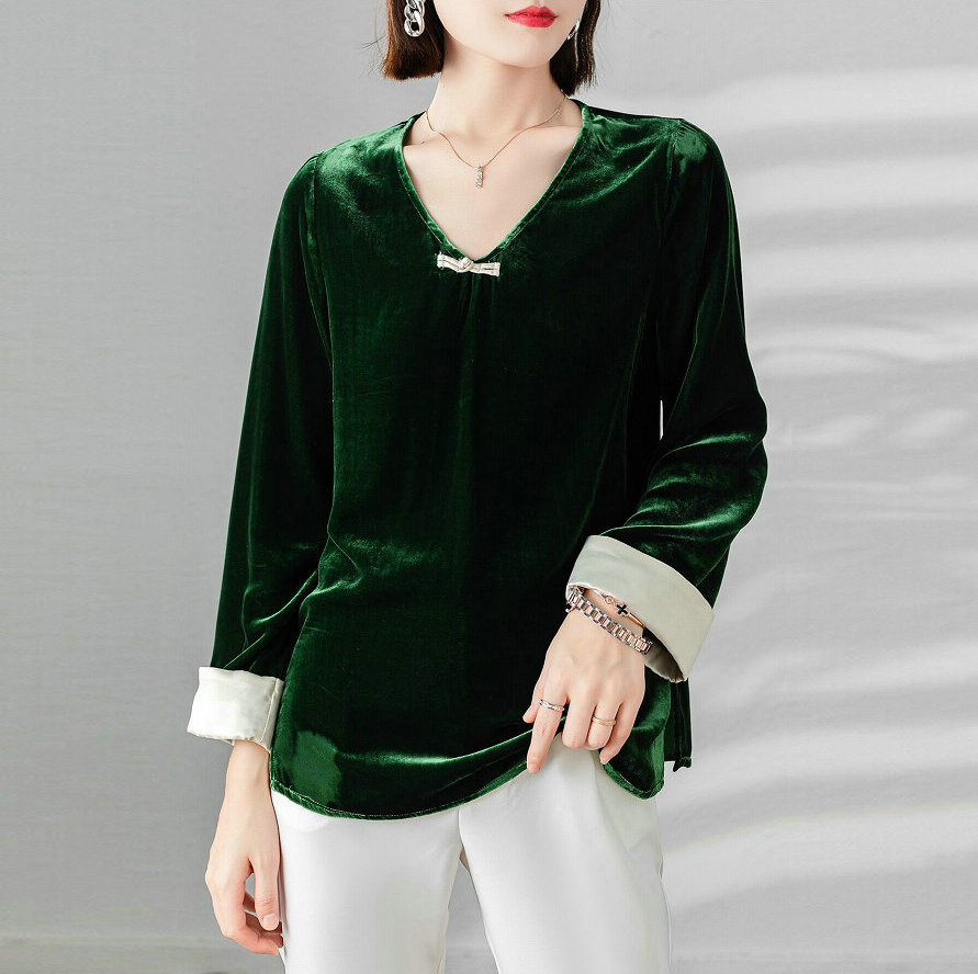 真丝丝绒上衣女秋装优雅气质v领长袖蚕丝衬衫百搭洋气金丝绒衬衣