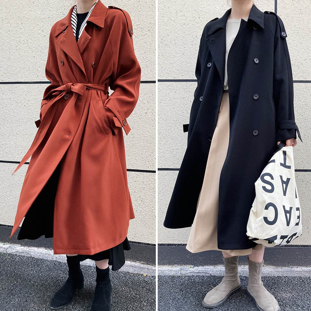 酒红色风衣女2021年秋季英伦风垂感收腰系带中长款外套大衣