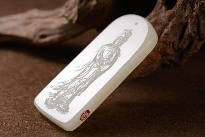 国家级玉雕大师张良作品 和田籽料 观音牌 挂件 29.5克