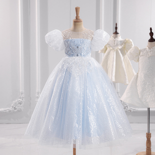 六一小主持人礼服女童2024新款夏季蓝色儿童钢琴演出服高端公主裙