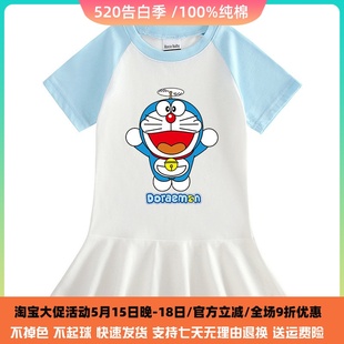 哆啦a梦衣服2024夏季叮当猫童装短袖女童连衣裙薄款宝宝纯棉裙子