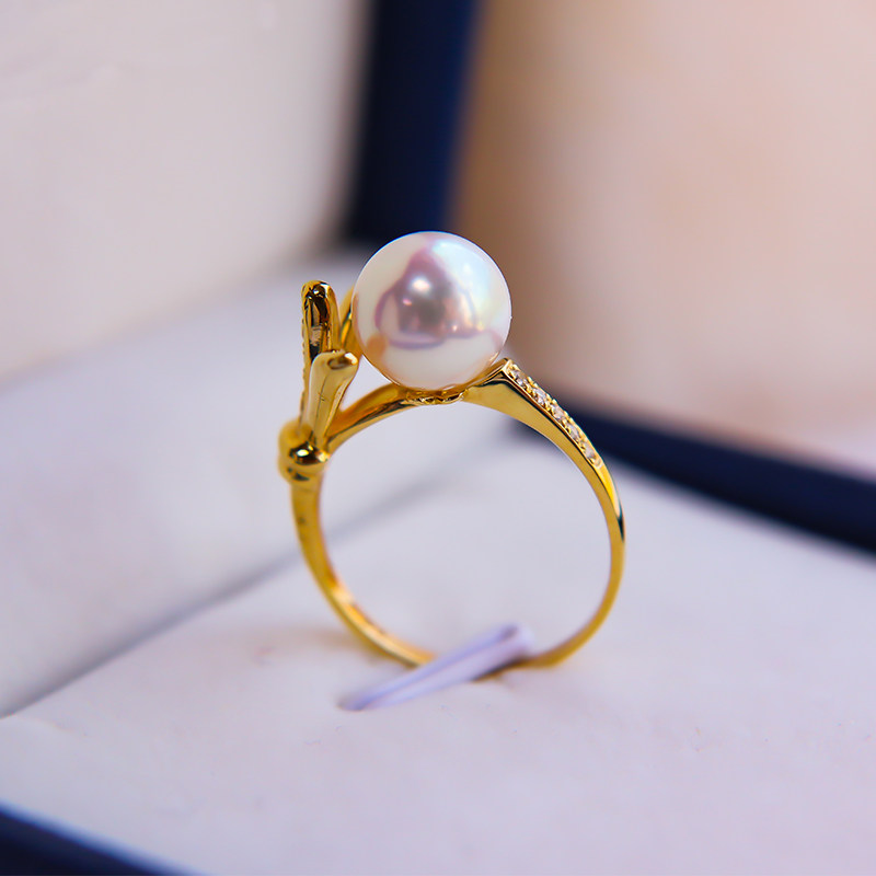 jr进口天然海水日本akoya珍珠戒指女18k金强光天女级指环时尚戒子